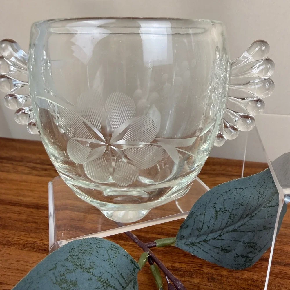 Paden City Gazebo Glass Creamer and Sugar Set Vintage Etched Floral Wing Handles
